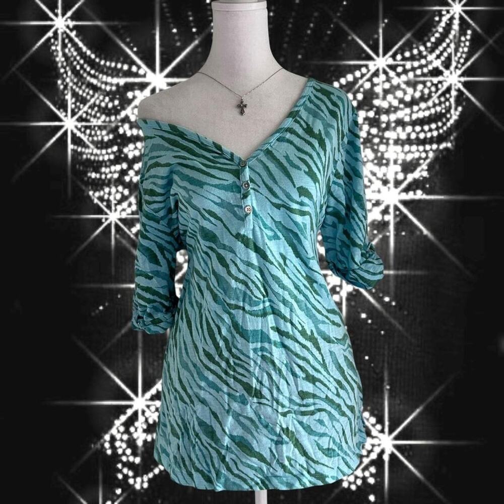 green blue teal hue abstract zebra print henley mcbling top